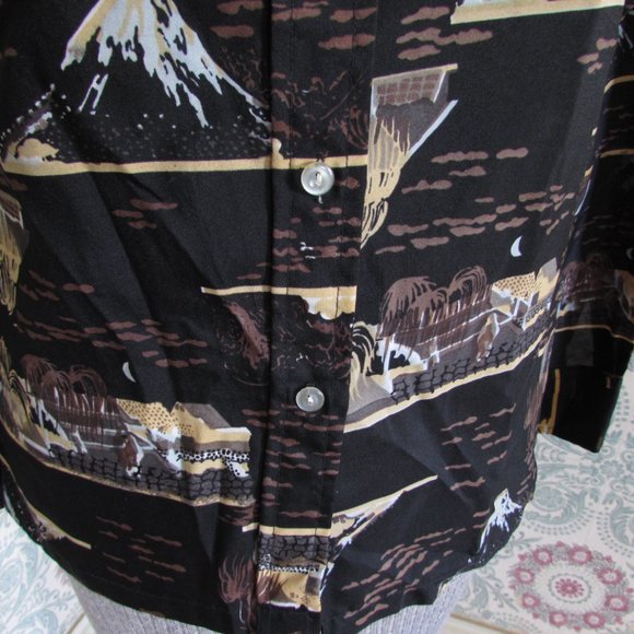 VINTAGE 1970s Black Polyester Volcano Button Down Shirt - Picture 3 of 7
